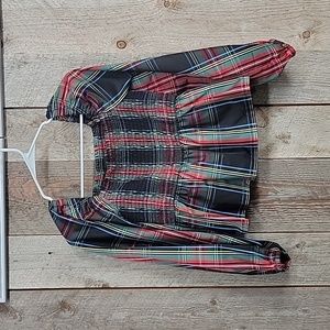J. Crew red black plaid peplum smocked long sleeve puff sleeve blouse M